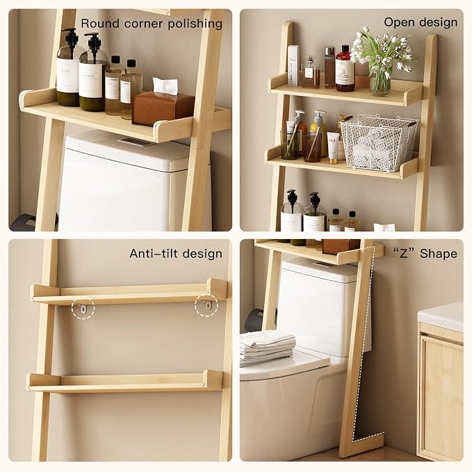 Solid Bamboo Toilet Shelf,3 Tier Bathroom Shelf with Anti-Slip Base | Solid bamboo over the toilet storage – naturally moisture-resistant for bathrooms, built for long-lasting durability