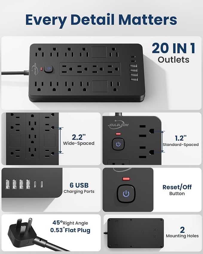 JouleLoom Surge Protector Power Strip-14 Outlets and 6 USB Ports, 20 Feet Flat Plug Extension Cord, 1850 Joules, Black, ETL Listed for Home, Office, Dorm Room