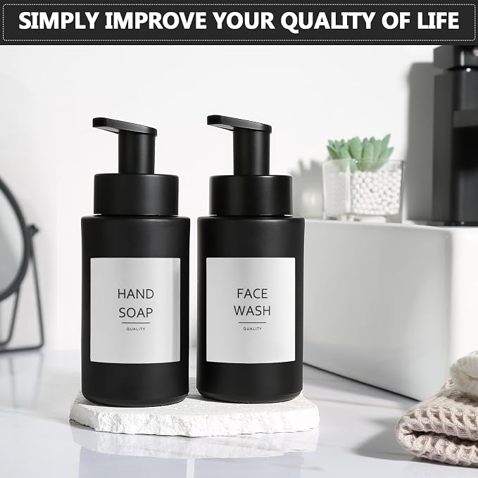 RYTOXILO Matte Black Foaming Hand Soap Dispenser, 10 oz/300ml Glass Foam Dispenser, 2 Pcs Foaming Soap Dispenser for Bathroom, Black Refillable Pump with Waterproof Labels