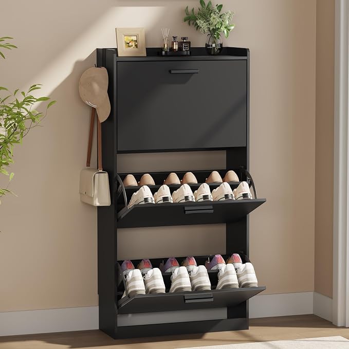 Shoe Cabinet Organizer with 3 Flip Drawers, Freestanding Shoe Storage Cabinet, Adjustable and Removable Dividers, 23.6"W x 8.7"D x 47.2"H Narrow Shoe Rack for Entryway, Foyer, Hallway, Black