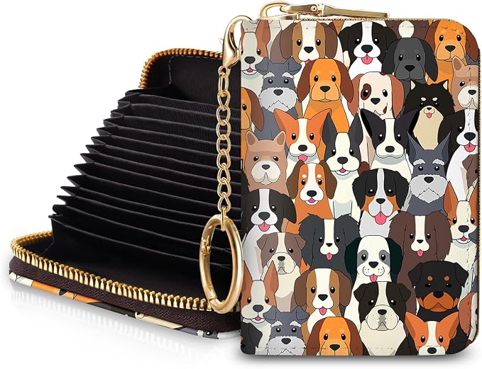 Blusabaca RFID Credit Card Holder Small Women Travel Wallet, Dog Puppy | Removable Keychain, Case with Zipper, Vegan PU Leather, Cash Coin Pocket, Business Accordion Purse, Ladies Female Gift