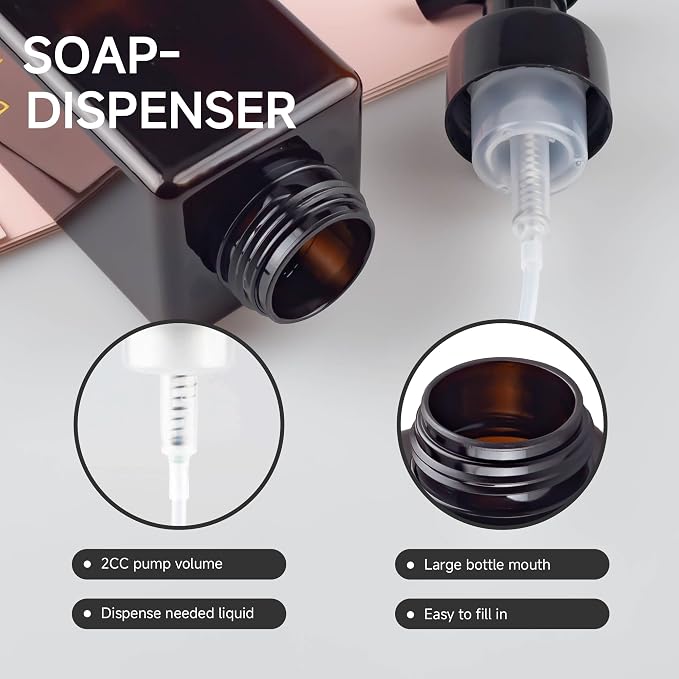 15OZ Foaming Soap Dispenser, 2-Pack Plastic Hand Soap Dispenser, Refillable Leakproof Foam Pump Bottle with Waterproof Labels, for Shampoo, Body Wash