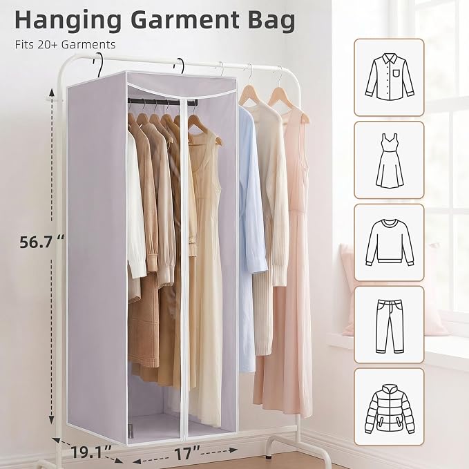 STORAGE MANIAC 57" Hanging Garment Bag Zipper Cover with Sealed Clear Window, Long Garment Cover for Closet Storage Wardrobe Clothes Protector, Large Garment Storage Bag for Dresses, Grey，2-Pack