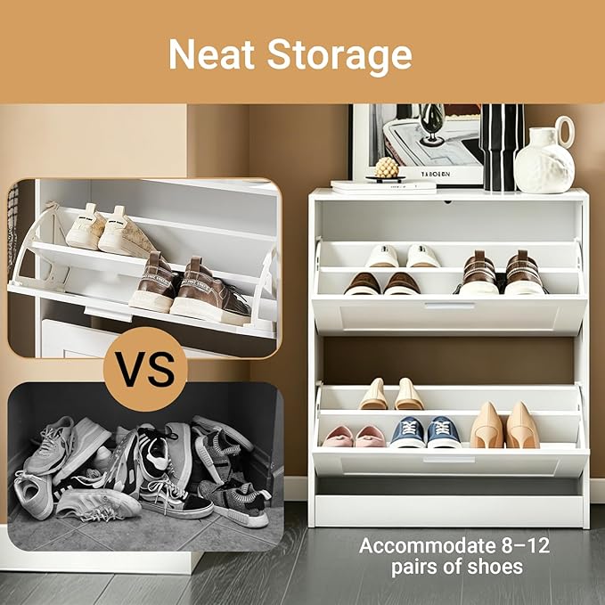 Haotian Shoe Cabinet Storage for Entryway | Narrow Shoe Cabinet with Two Flip Drawers to Save Space, Shoe Rack Cabinet for Front Door Entrance Hallway (White)