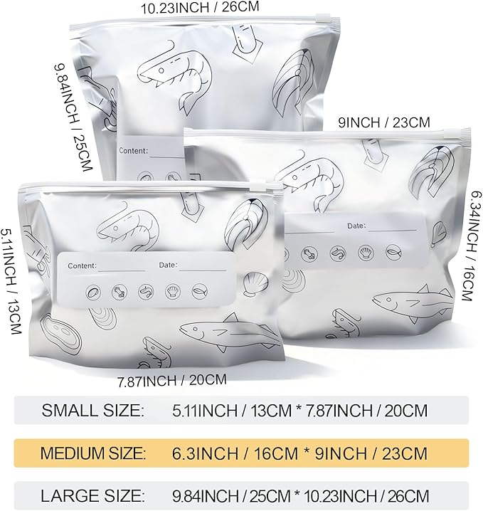 Aluminum Foil Food Storage Bags, Reusable Freezer Bags for Refrigerator, Stand Up Airtight Vacuum Sealer Bags, Heavy Duty Smell Proof Lock Freshness, Perfect for Meat, Vegetables (30, 3 SIZE / 30 PCS)