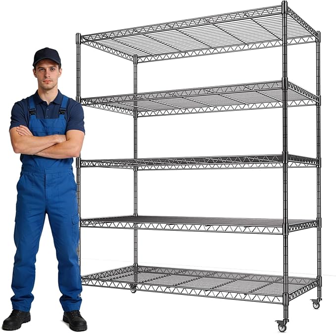 46” W Storage Shelves with Wheels,5 Tier Wire Shelving Heavy Duty,Adjustable Shelving Units,Garage Storage Shelves,3000LBS Metal Shelving,for Pantry,Kitchen,Warehouse,Rolling Shelf,46”W×16”D×72”H