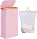 iEGrow 65L Slim Laundry Hamper, Narrow Laundry Basket with Lid,Foldable Clothes Hamper with Bamboo Handles,Hamper Basket with Removable Inner Bag for Laundry Room Bedroom College Dorm,17.17 Gals Pink