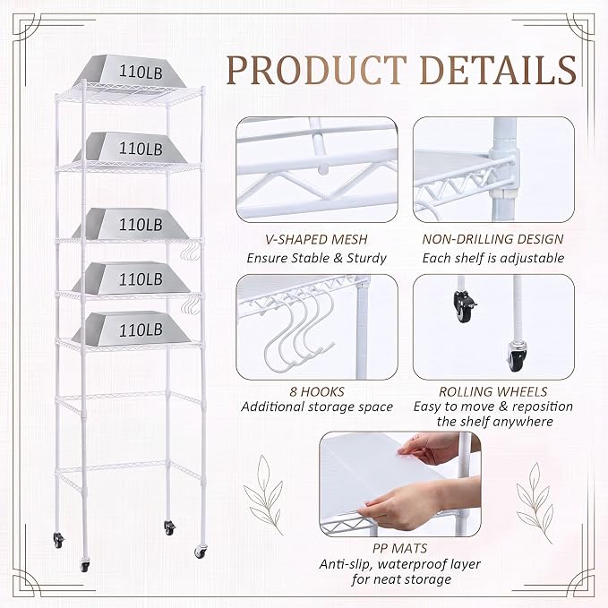 5tier over Fridge Shelf for Dorm with Wheels 90.5 Tall Fridge Shelf White | Adjustable Height Storage Shelf Metal Rack Hooks PP Shelf Liners Anti Tip Kits for Dorm Kitchen Laundry College Pantry