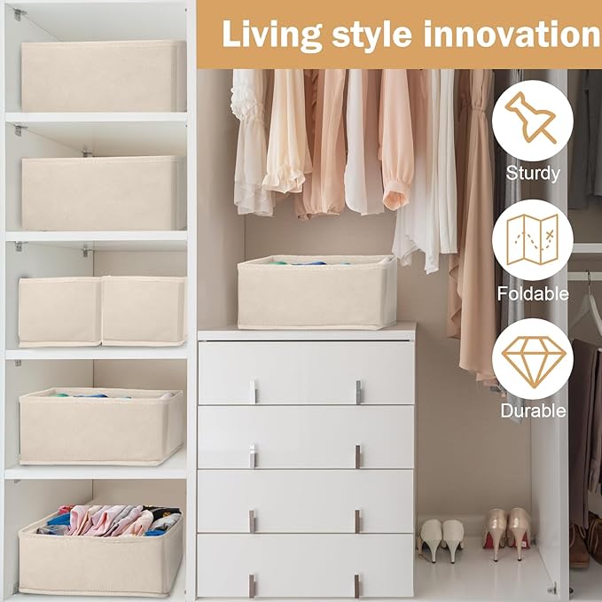 Potchen 24 Set Fabric Dresser Drawer Organizer Bins Dividers for Clothes – Nursery Home Bins Fabric Foldable Closet Clothing Wardrobe Storage Box Container Basket for Bras Socks Underwear(Beige)