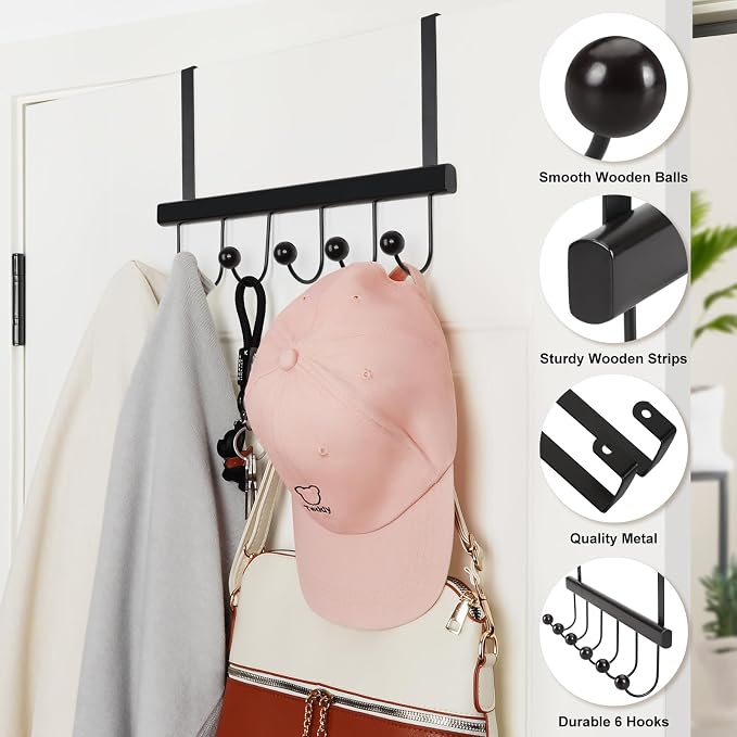 TOPIA HANGER Over The Door Hooks for Hanging, Towel Hooks Towel Racks for Bathroom, Coat Hooks Coat Rack Over The Door Organizer Hanging, Wooden Door Hangers for Coat Towel Hat Purse CT72B - 2 Pack