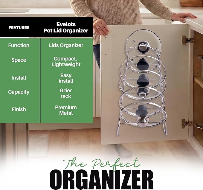 Evelots 6-Tier Pot Lid Organizer for Cabinet Door or Pantry Wall, 6-Slot Pots and Pans Lid Holder Rack, Kitchen Cabinet Storage Organizer for Glass & Metal Pan Covers, Chrome Finish, 1 Pack