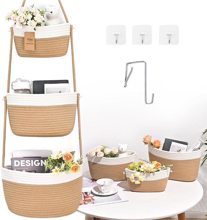 Hanging Basket, 3-Tier Woven Wall Basket with 4 Hooks, Cotton Rope Storage Baskets, Over the Door Organizer for Nursery, Bedroom, Cottage and Boho Wall Decor