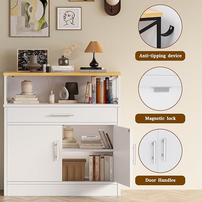 Meilocar Buffet Cabinet Kitchen Sideboard with Storage and Drawer, Farmhouse Storage Cabinet for Living Room, Dining Room, Hallway, White & Yellow Top