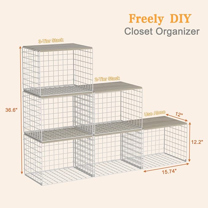 Extra-Long Closet Organizers and Storage with Top Board, 3 Pack Stackable Closet Shelf Organizer, Double Storage Design, Clothes Storage Cube/Bin/Basket for Wardrobe, Space-Saving, White,Sturdy,Metal
