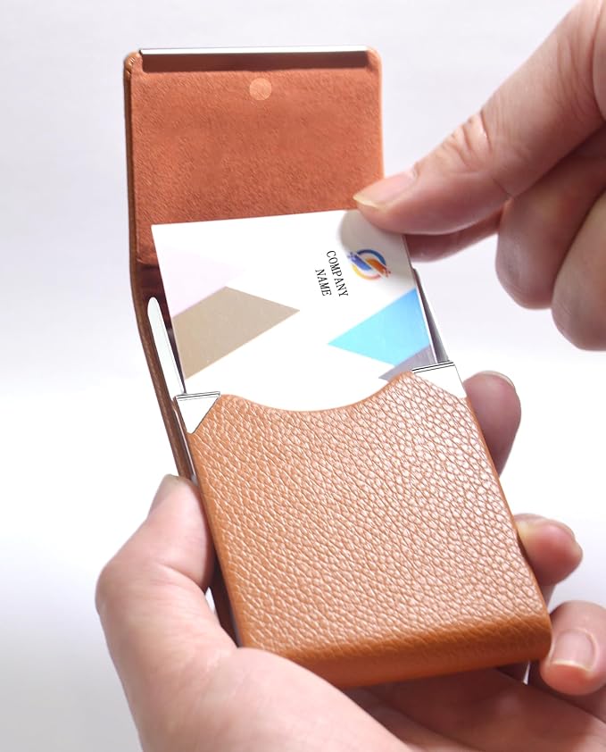 Business Card Holder with Ultra Slim Design,Business Card Case with Premium PU Leather, Suit Pocket Metal Card Holder for Women/Men,Professional Name Card Holder with Magnetic Shut (Brown)