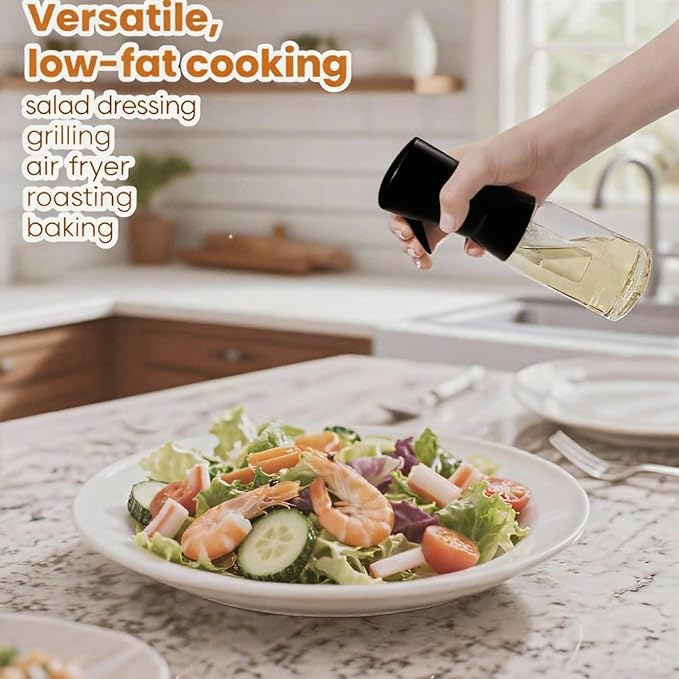 Olive Oil Sprayer for Cooking, 220ml Glass Oil Dispenser for Kitchen Gadgets, Food Grade Premium Spray Bottle, Continuous Spray with Portion Control, for Salad, Frying, BBQ