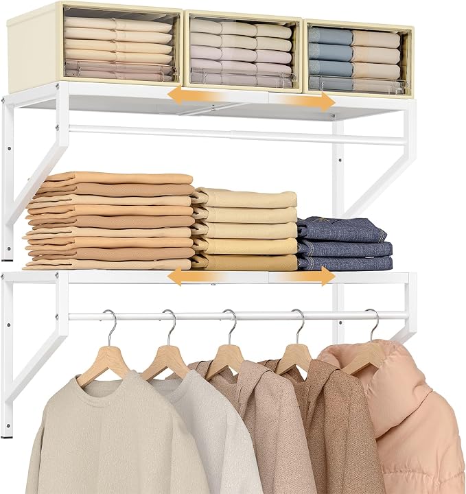 ThreeHio Expandable Closet Shelves Wall Mounted, 2 Pack Closet Shelving with Hanging Rods, Wall Shelving for Walk-in Closet, Hanging Shelves Organizer and Storage for Closet, Laundry