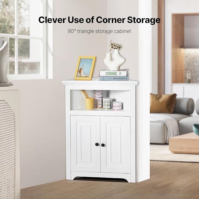 VEVOR 32" Corner Storage Cabinet, 3 Tiers Small Storage Cabinet with 2 Wooden Doors & Adjustable Shelves, Freestanding Corner Kitchen Cabinet for Living Room, Kitchen, Laundry Room, Bathroom, White