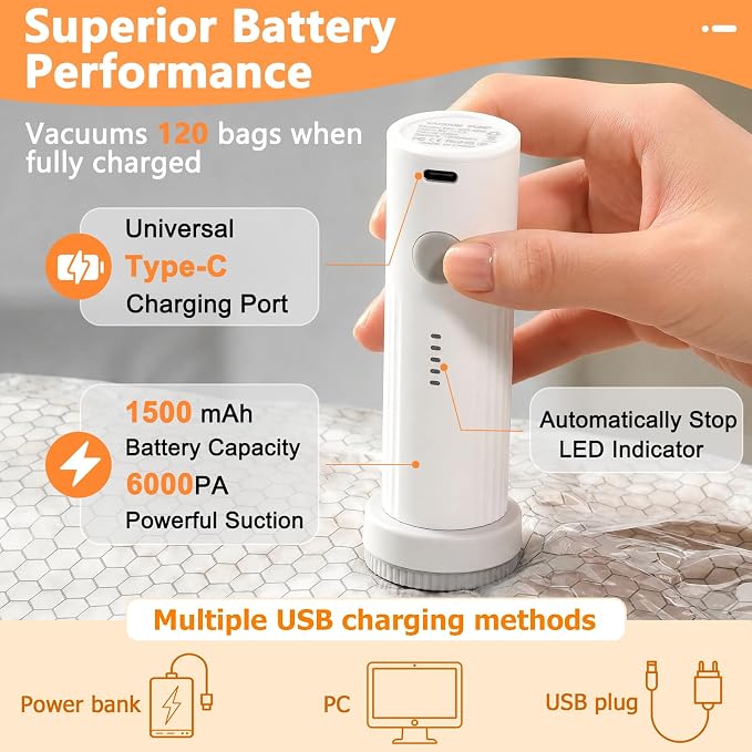 16 Pack Travel Vacuum Bags with Pump | Vacuum Seal Bags for Clothing Travel, Vacuum Storage Bags with Cordless USB Pump, PA+PE Zipper for Space Saver for Home