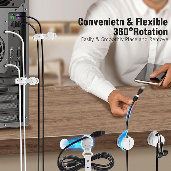 6 Rotatable Spring Desktop Cord Organizer 5 Magnetic Cable Clips Cord Holder for Nightstand Phone Charger Organizer Computer Desk Cable Management Electronics Appliance Adhesive Wire Strap Keeper Tie