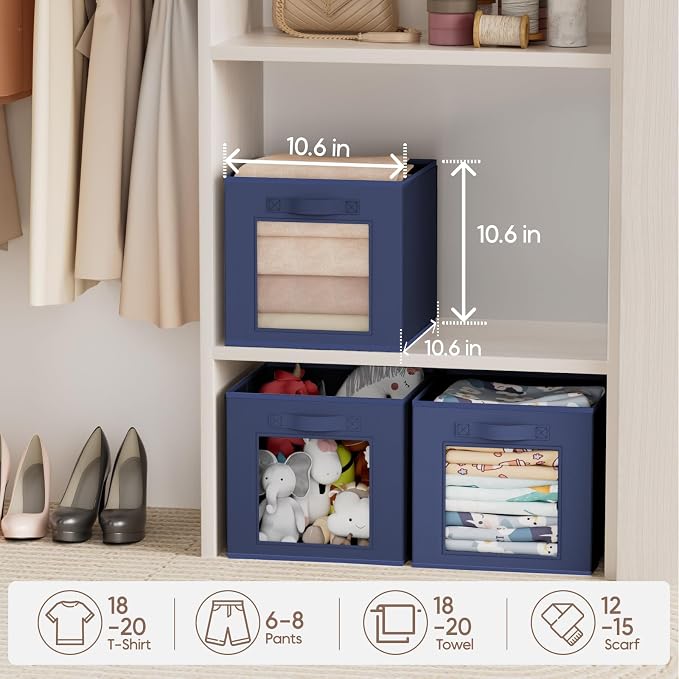 Homsorout Storage Cube 11 Inch - Cube Storage Bins with Window, Closet Storage Baskets with Handle, Fabric Bins for Closet, Shelves, Toys, Clothes, Set of 16, Navy Blue