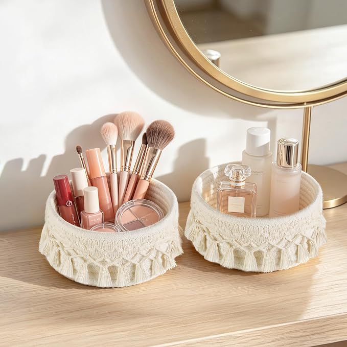 Mkono Macrame Makeup Brush Holder, Boho Mini Storage Basket Set of 2 Ivory | Small 7"W x 3.15"H, Decorative Basket, Comb Pens Tiny Succulents Holder, Bedroom Vanity Living Room Bathroom Dorm Office