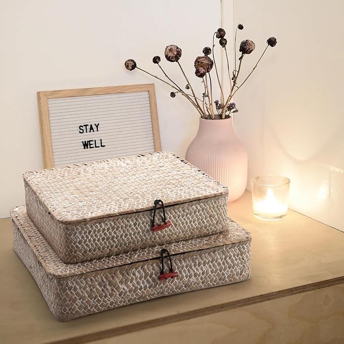 Seagrass Storage Baskets with Lids, Flat Wicker Basket, Shallow Woven Basket for Shelf, Decorative Storage Boxes for Organizing (Whitewash)