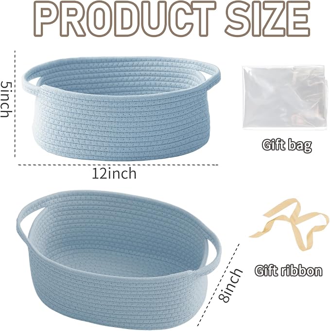 JMvicyroam Woven Basket,Small Rope Storage Bin with Handles & Ribbon Bag, Organizer for Shelves Closets,Gift Basket Empty for Birthday,Books,Dog Toys, Blue/2 Pack