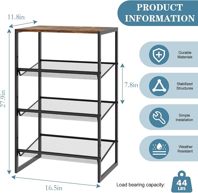 Shoe Rack for Entryway,4 Tier Shoe Shelf，Sturdy Shoe Storage Organizer,Boot Rack with a Fine Mesh Shelves，for Living Room, Hallway，Small Space,11.8 x 16.5 x 27.9 Inches,Brown