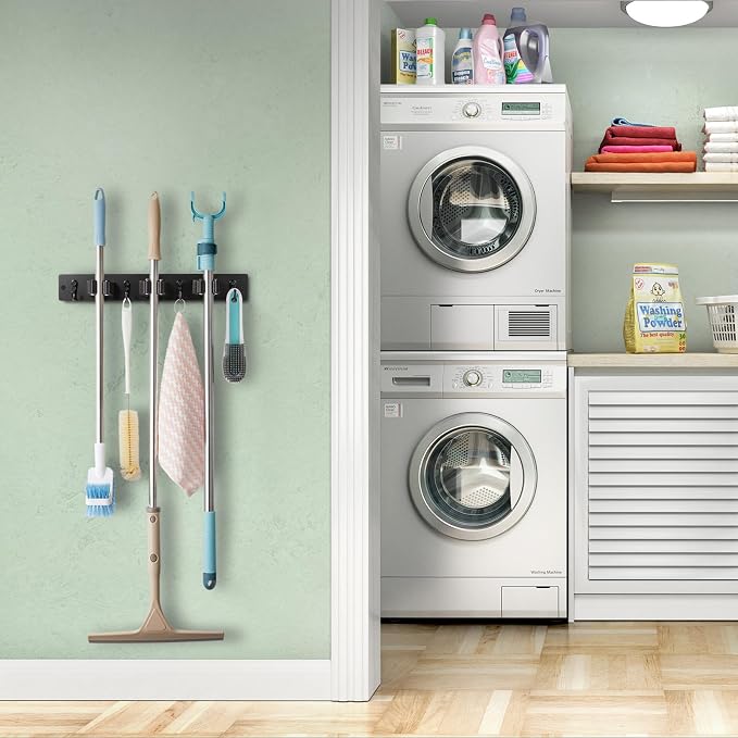 OUTNILI Black Mop Broom Holder Wall Mount with 3 Slots & 4 Hooks - Wood Broom Mop Hanger for Pantry Kitchen Organization - Garden Tool Organizer for Closet Laundry Room