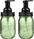 Amolliar 16OZ Green Glass Mason Jar Foaming Soap Dispenser, Plastic Pump & Stainless Steel Lid, Refillable Hand Soap Dispenser for Kitchen Bathroom, Farmhouse Decor for Foaming Dish Soap, Black 2 Pack