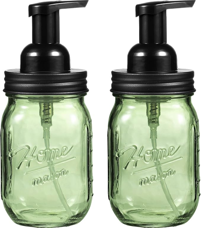 Amolliar 16OZ Green Glass Mason Jar Foaming Soap Dispenser, Plastic Pump & Stainless Steel Lid, Refillable Hand Soap Dispenser for Kitchen Bathroom, Farmhouse Decor for Foaming Dish Soap, Black 2 Pack