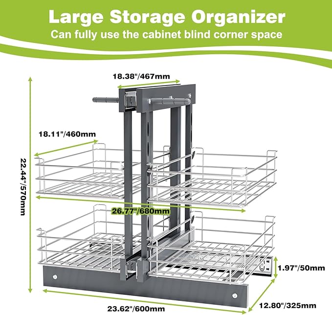 Blind Corner Pull Out Organizer for 36" Cabinet Left Open & Right Open Compatible 2 Tier 4 Shelves Adjustable Height