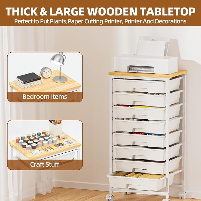 Rolling Storage Cart with 8 Drawers, Utility Cart with Wooden Tabletop and Lockable Wheels, Movable Craft Cart, Craft Storage Organizer for Living Room, Bedroom, Classroom, Office, White