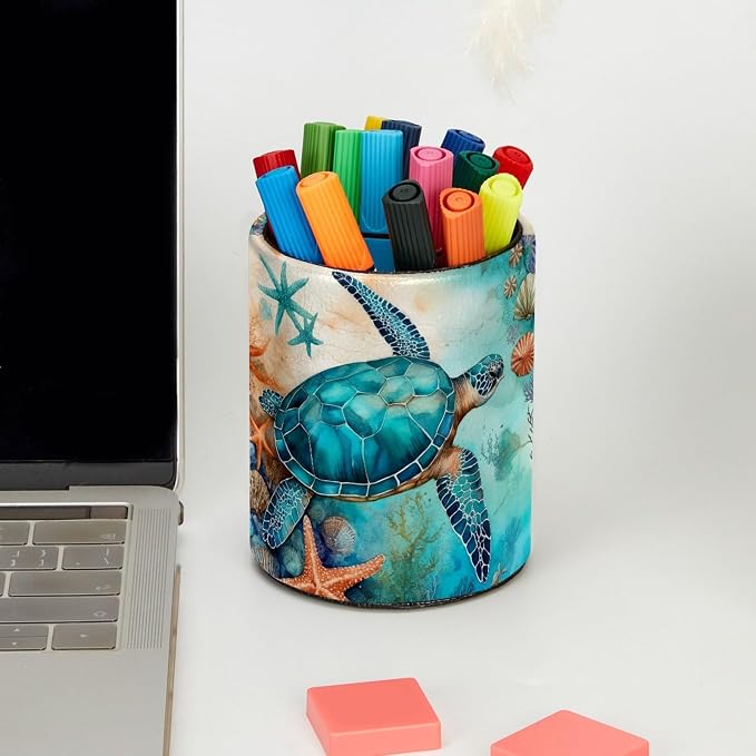 Ocean Turtles and Starfish Pen Holder Pencil Organizer for Desk, 3.1”x 3.1”x3.9” Pencil Cup Office Supplies, Large Capacity Cute Pen and Makeup Brush Holder for School, Desktop