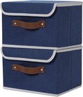 ANMINY 2PCS Storage Bin with Lid Storage Boxes with PU Leather Handles PP Plastic Board Decorative Foldable Lidded Cotton Linen Fabric Home Cubes Baskets Closet Organizer Container - Blue, Medium