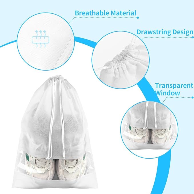 12 Pack Shoe Bags for Travel, Large Travel Shoe Bags for Packing with Clear Window, Dustproof Drawstring Travel Shoe Storage Bags Travel Essentials for Men & Women, White
