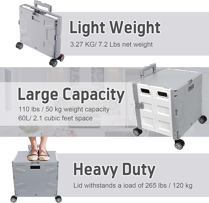 FELICON Folding Utility Cart Portable Rolling Crate Handcart with Durable Heavy Duty Plastic Telescoping Handle Collapsible Hidden Lid 4Rotate Wheels for Travel Shop Move Office Teacher(Gray&White)