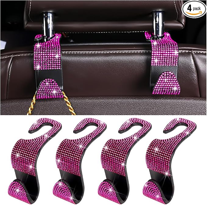 Zpana 4PCS Bling Car Seat Headrest Hooks, Vehicle Back Seat Purse Handbag Hanging Holder with Crystal Rhinestone, Diamond Storage Organizer Hook, Universal Automotive Accessories (Black/Pink)