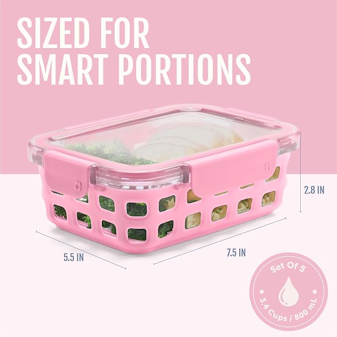 Ello Duraglass 3.4 Cup Meal Prep Sets 10Pc, 5 Pack Set- Glass Food Storage Container with Silicone Sleeve and Airtight BPA-Free Plastic Lids, Dishwasher, Microwave, and Freezer Safe, Meadow