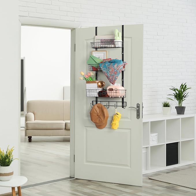 ETELI Over the Door Pantry Organizer 3 Tier Hanging Basket Back Door Storage Rack Shelf Metal Over the Door Shelves with 3 Baskets and 5 Hooks for Bathroom Kitchen Pantry Bedroom, Black