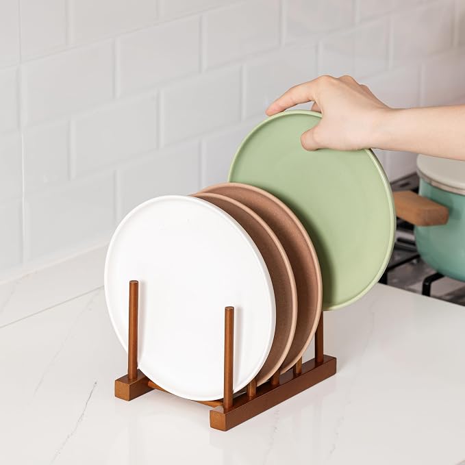 HBlife Teak Wooden Dish Drying Rack Kitchen Cabinet Organizer Plate Holder | 4 Slots, Vertical Dish Racks for Cabinet Countertop & Wall, Plate Pot Lid Cutting Board Holder, Bowl Cup Drainer, Keep Dry
