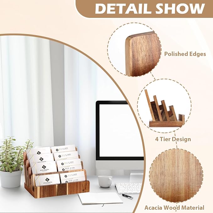 DLUGOPIS 4 Tier Acacia Wood Business Card Holder Desktop Business Card Display Stand Multiple Wood Business Card Organizer Gift Card Display Rack Pamphlet Display Stand for Exhibition Home Office