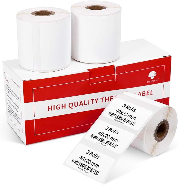 Phomemo Labels- 3 Rolls M110 Label Thermal Paper for M110/M220/M221/M120/M200, 1.57'' x 0.79'' (40x20mm)- Multipurpose Square Self-Adhesive Label, 320 Labels/Roll