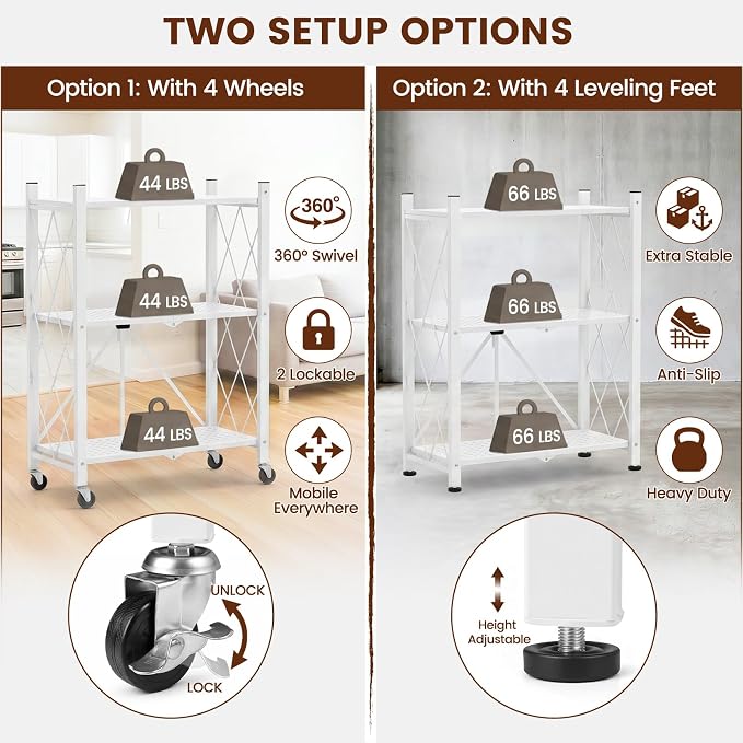 ALANNG 3 Tier Folding Storage Shelf on Wheels,Heavy Duty Metal Rolling Cart | Compact & Portable, No Tools Assembly, Folds to 3.9" Flat, Reinforced Iron Frame, Lockable Casters, for Any Room
