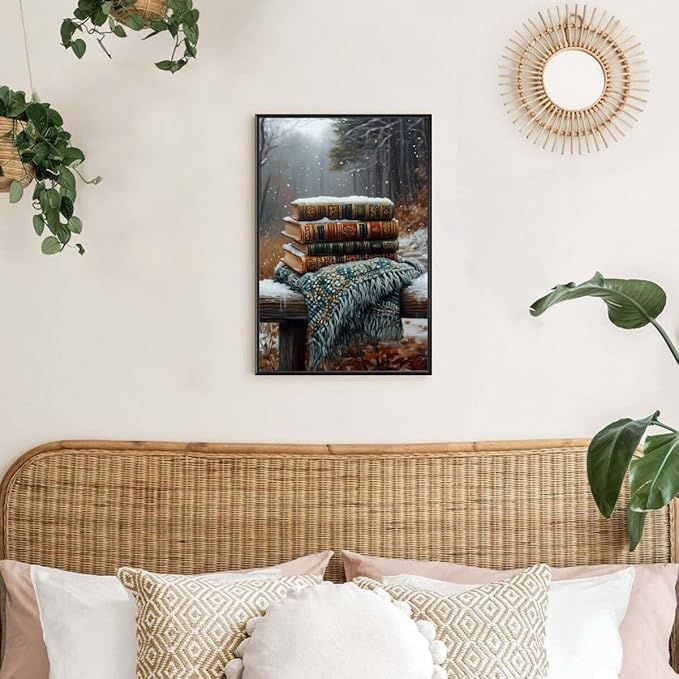 Vintage Books Winter Book Lover Art Aesthetic Poster Canvas Wall Art Decoration Living Room Home Decor Bedroom Decoration Poster black framed8x12inch