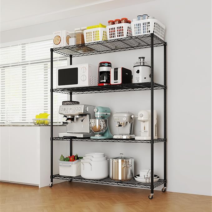 Karl home Black 4-Tier Wire Storage Shelving with 2" Wheels, 800LBS | Heavy Duty 800LBS Capacity Metal Shelving Rack on Rolling Wheels, 64.96"H x 46.06"W x 17.7"D for Garage, Kitchen