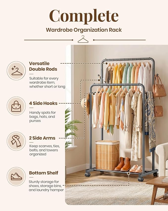 Delamu Clothes Rack Double Rods Clothing Racks for Hanging Clothes with Rolling Wheels, Hooks, Metal Garment Rack, Portable Wardrobe Coat Rack with Shelfs for Bedroom, Laundry Room, Black 65''Hx32''W
