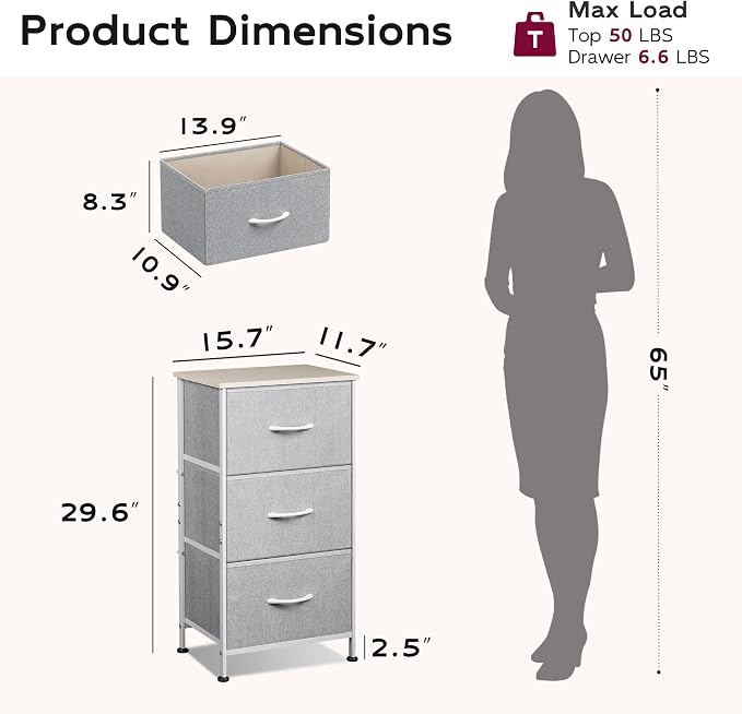 WLIVE Nightstand with 3 Drawers, Fabric Dresser, Organizer Unit, Storage Dresser for Bedroom, Hallway, Entryway, Closets, Sturdy Steel Frame, Wood Top, Easy Pull Handle, Light Grey
