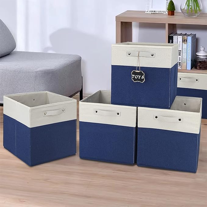 11 x 11 storage cubes,Set of 4 Collapsible Fabric Storage Cubes with Labels,Linen Cube Storage Organizer Bins Kallax Storage Cubes for Organizing Home,Shelves,Nursery Toys,Clothes(White Blue).